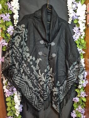 Black Floral Fringe Toggle Shawl